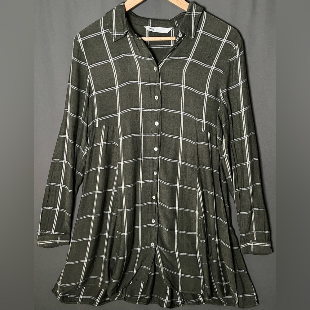 Zara Denim M Green Metalic Thread Plaid Long Sleeve Shirt Dress